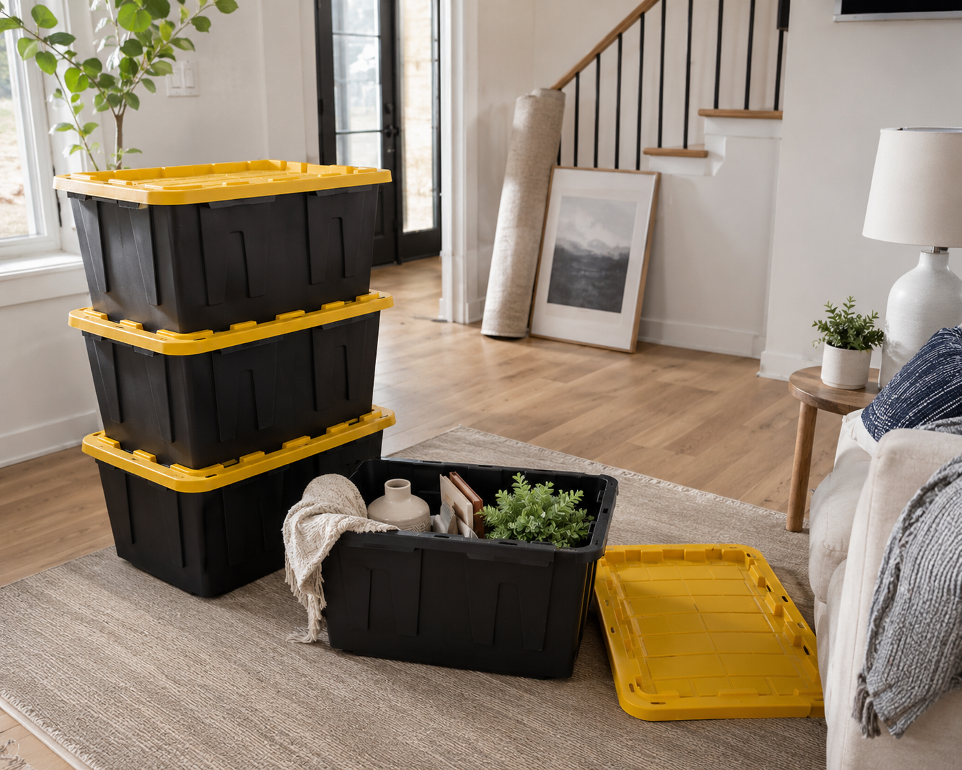 Stack of black-and-yellow PrimeTotes moving totes in a sunlit living room